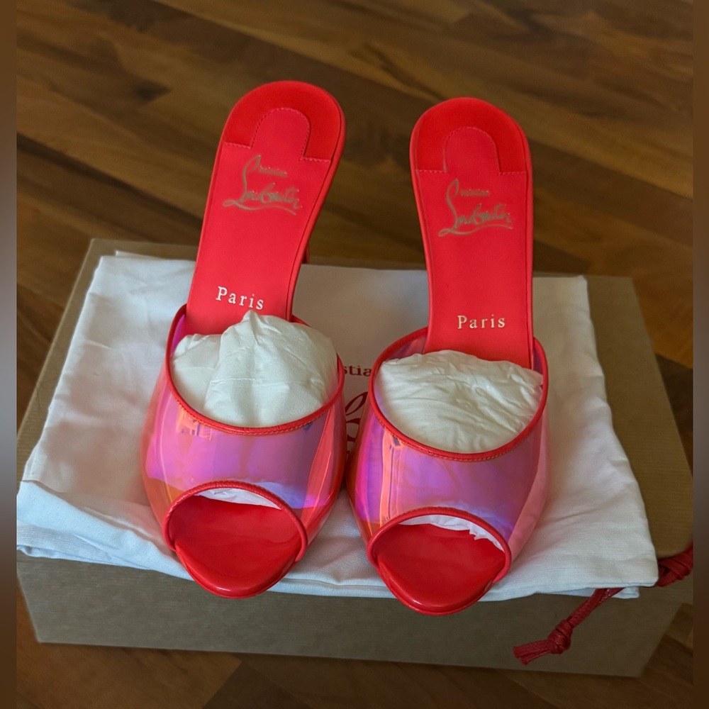NEW CHRISTIAN LOUBOUTIN ME CONDORAPIK MULE SPIKES IRIDESCENT PINK Size 38